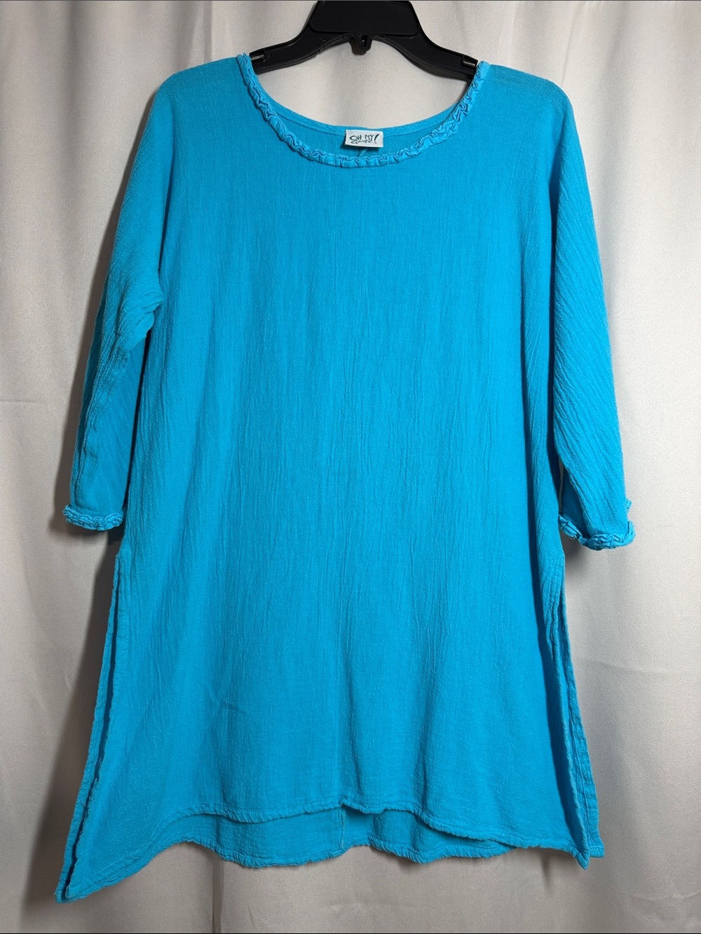 Oh My Gauze! Turquoise Blue Ruffle Edge Cotton Tunic Blouse 1